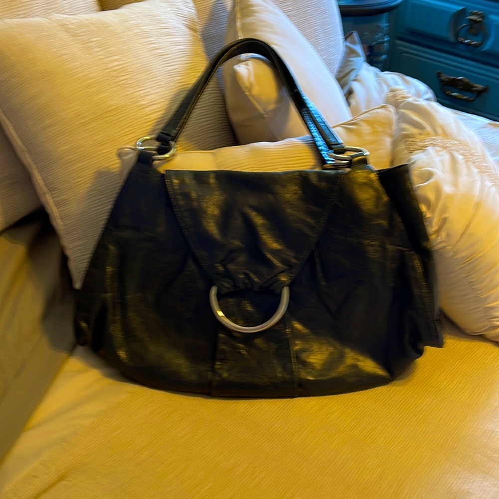 HOBO International Black Leather w/ Silver Ring Slouchy Shoulder Bag